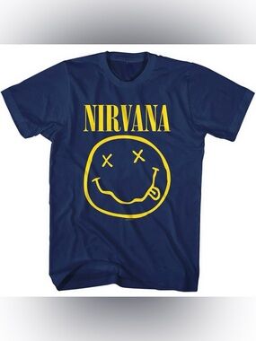 NIRVANA Blue & Yellow Faded Smiley Logo Band T Shirt  Sz S/M Retro 90’s Music